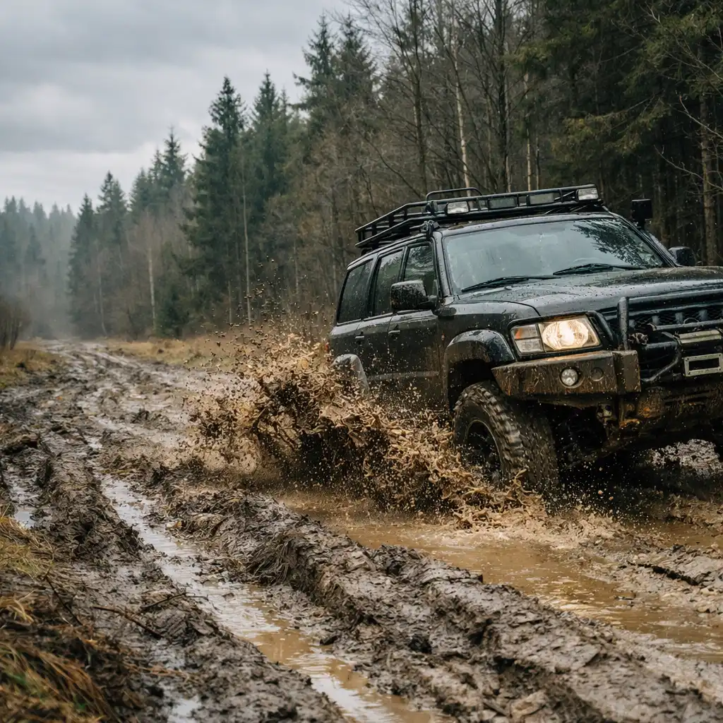 Samochód terenowy 4x4 pokonujący błotnistą trasę w lesie, z rozpryskującym się błotem i śladami opon