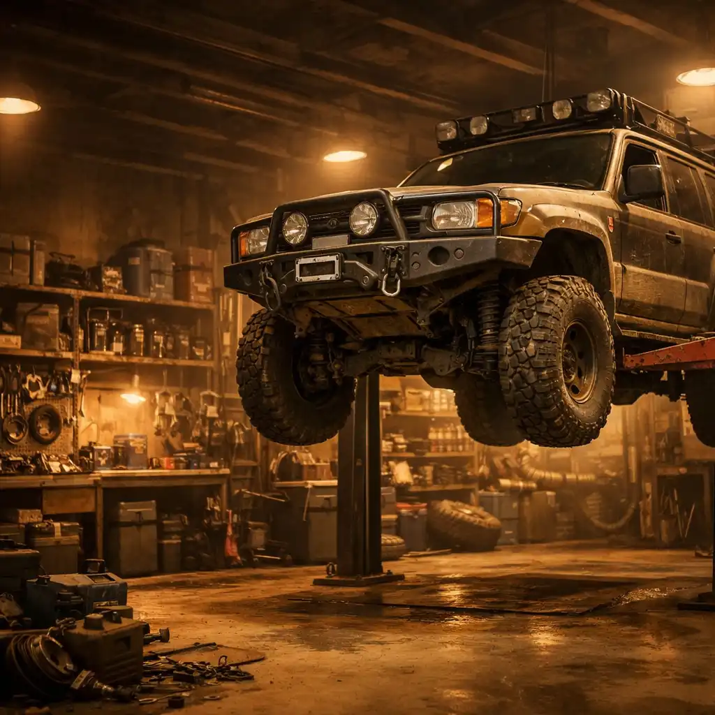 Terenowy pojazd 4x4 na podnośniku w warsztacie off-roadowym, w tle półki z częściami i narzędziami