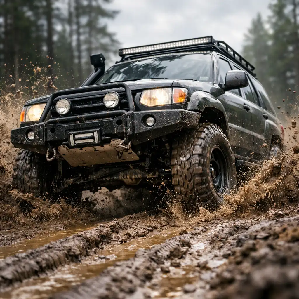 Zmodyfikowany samochód 4x4 z wyciągarką, oświetleniem i oponami terenowymi